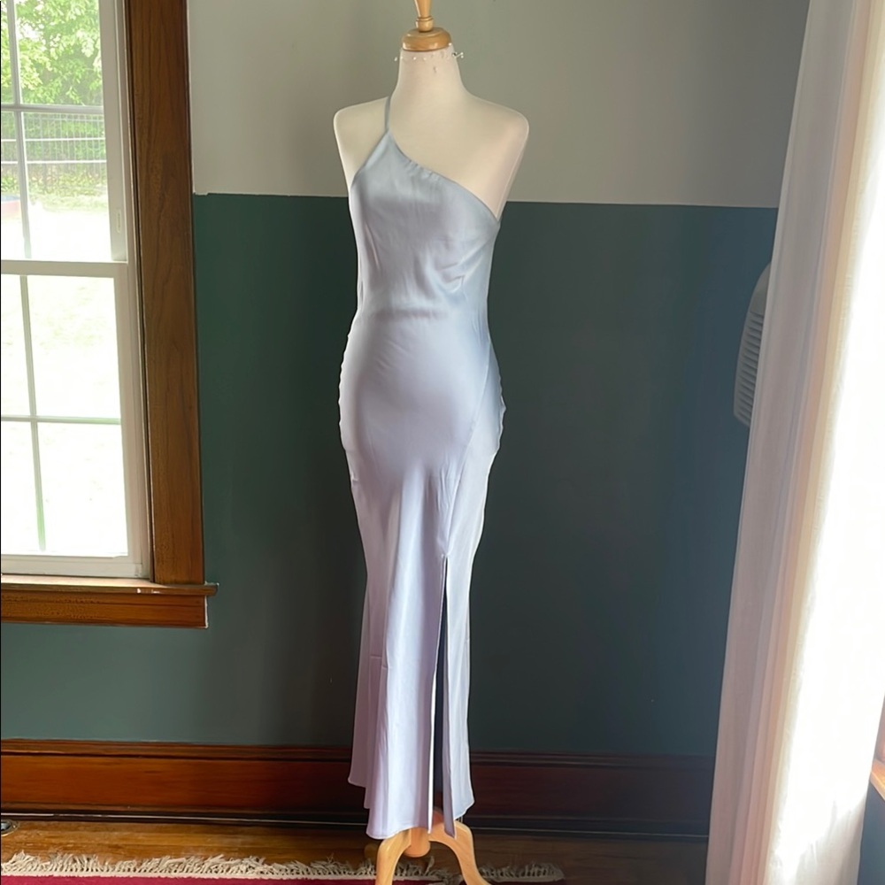 Commense Blue One Shoulder Silky Gown Dress